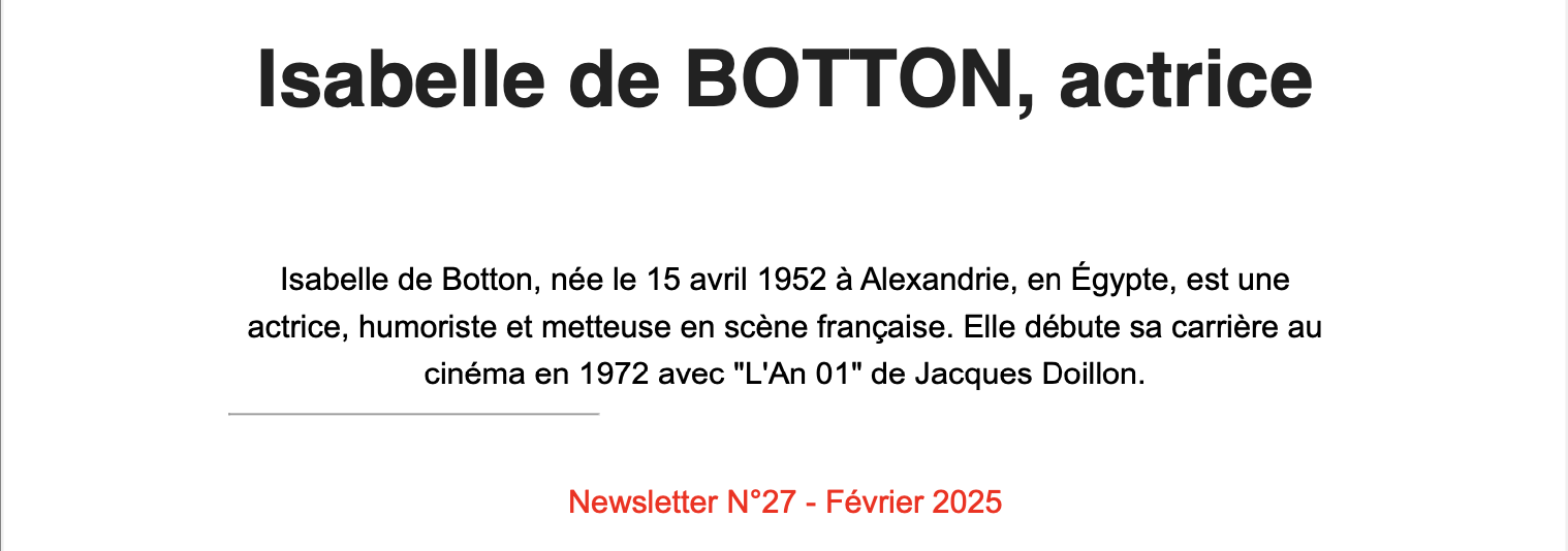 image : NEWSLETTER N°27 : Isabelle de BOTTON, actrice